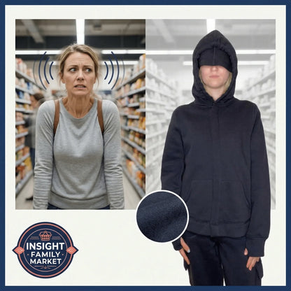 Woman looks anxious in grocery aisle beside person in sensory-friendly hoodie blocking light and sound.