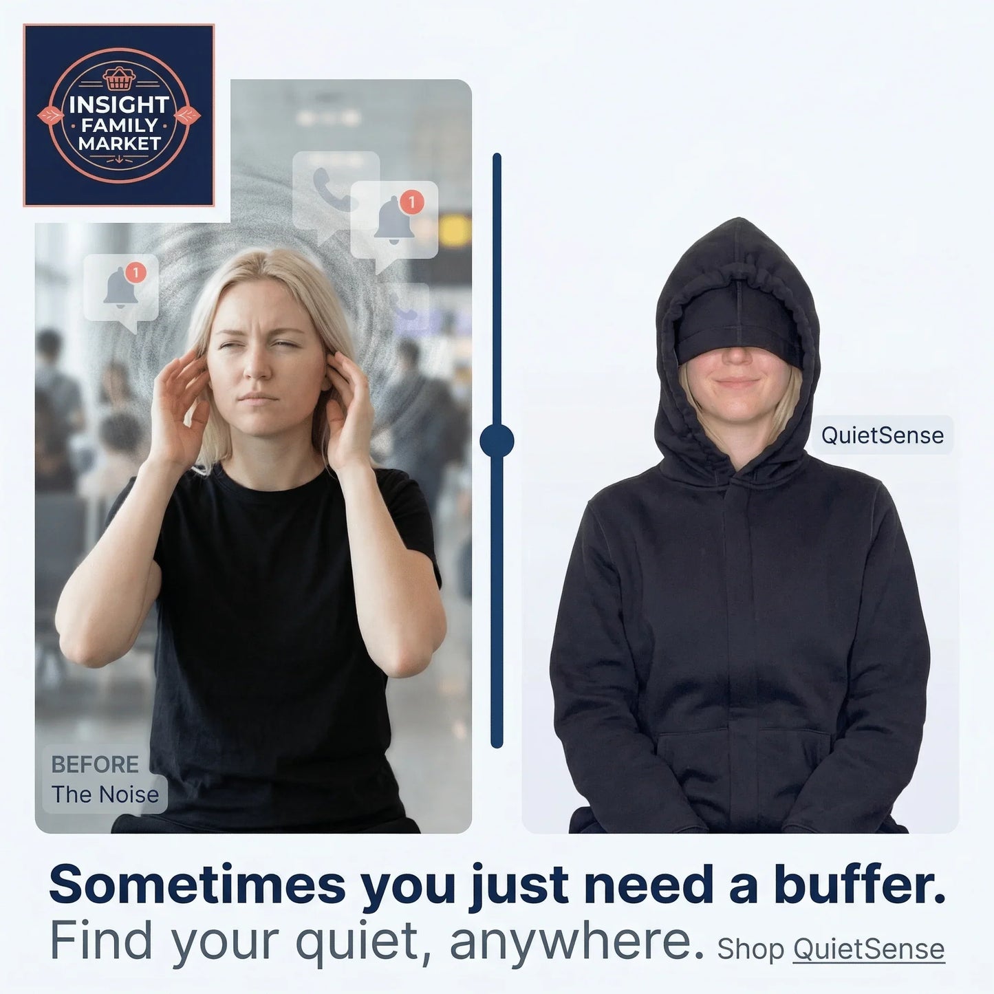 Woman stressed by noise on left, relaxed wearing sensory-friendly hoodie on right, QuietSense