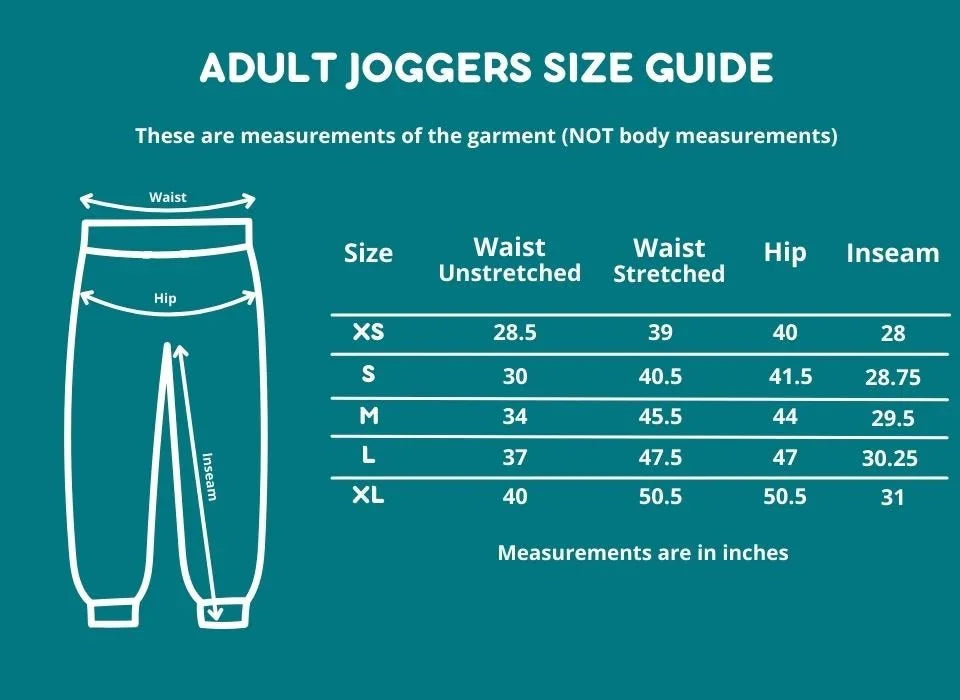 Adult joggers size guide chart with waist, hip, and inseam measurements in inches.
