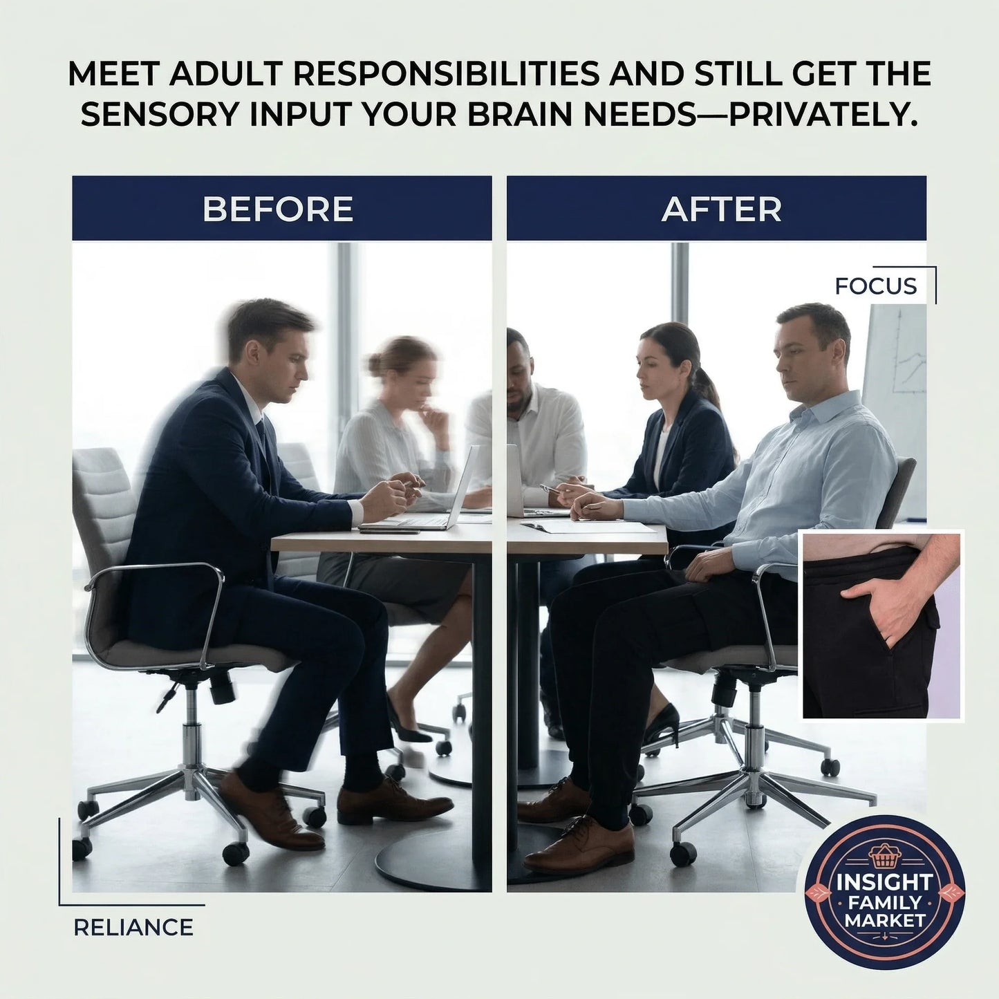 Business meeting showing a man discreetly using a sensory tool in his pocket for focus support.