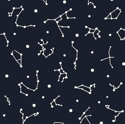 Dark background with white constellation patterns and stars, astronomy wall art print