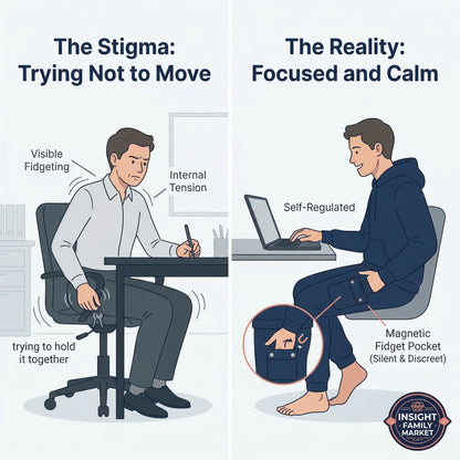 Illustration comparing visible fidgeting at a desk to calm focus using sensory-friendly clothing with a magnetic fidget pocket.