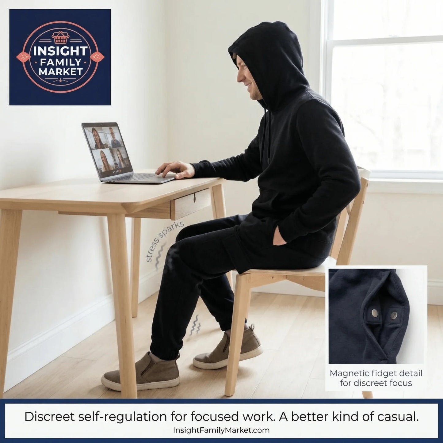 Man in black sensory hoodie with magnetic fidget feature, sitting at desk on laptop, home office.