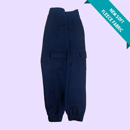Navy blue sensory-friendly fleece cargo pants with elastic waistband and pockets