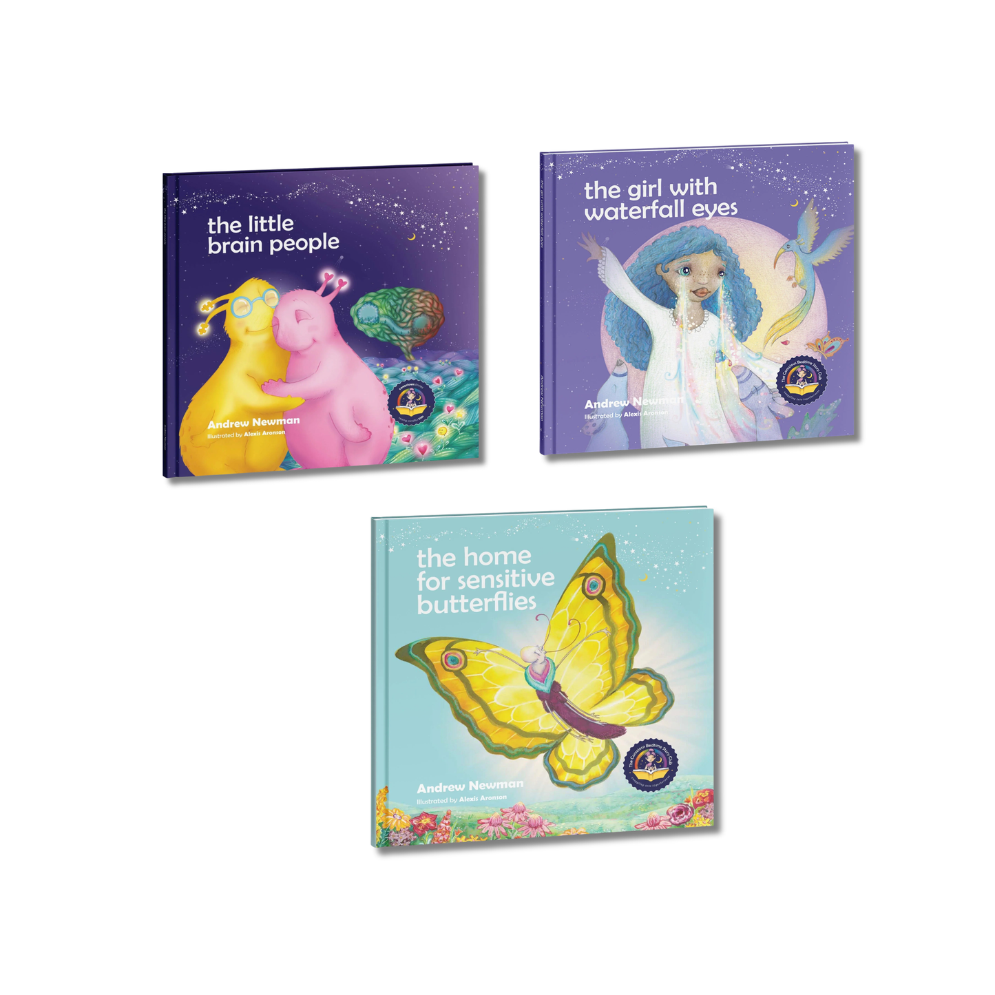 Three books with colorful covers on a white background
