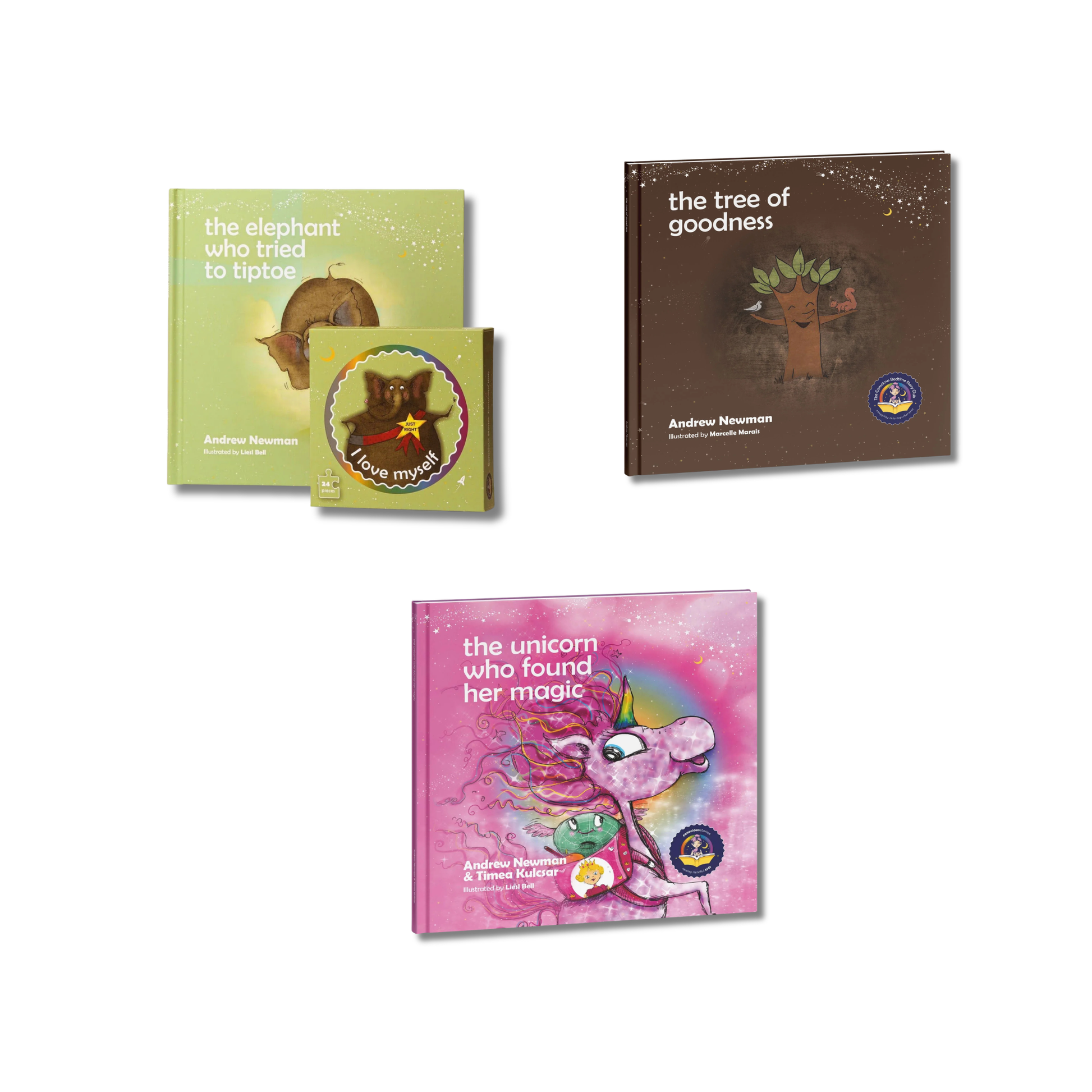 Four children's books with colorful covers on a white background