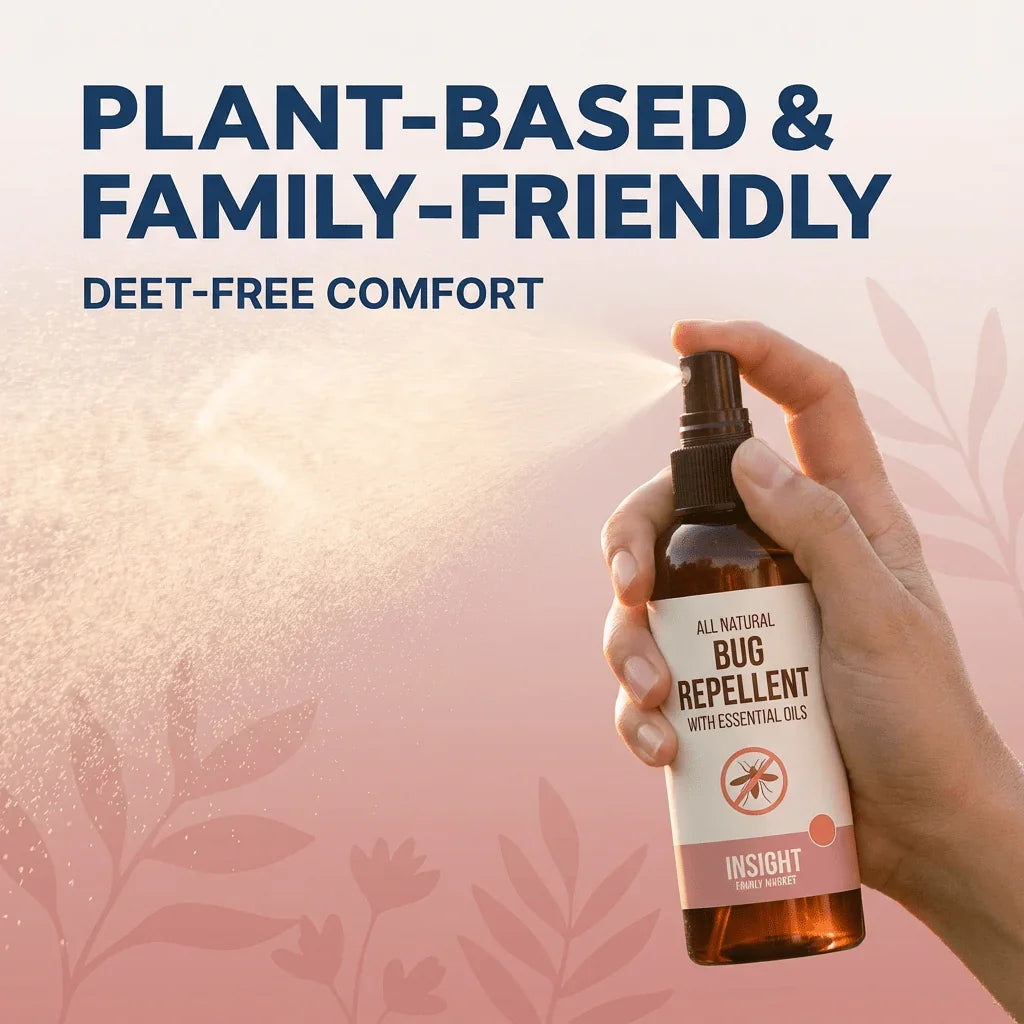 Hand spraying all natural plant-based bug repellent with essential oils, family-friendly