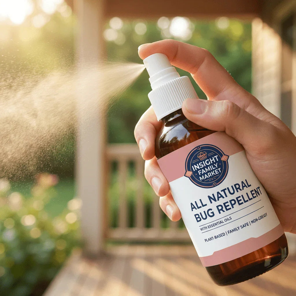 Hand spraying natural bug repellent outdoors, plant-based family-safe non-greasy formula