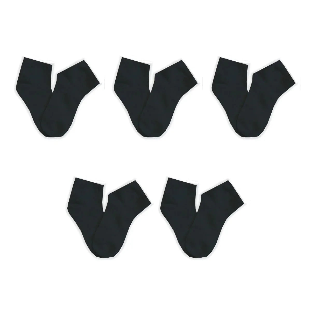 Five pairs of plain black ankle socks arranged on a white background