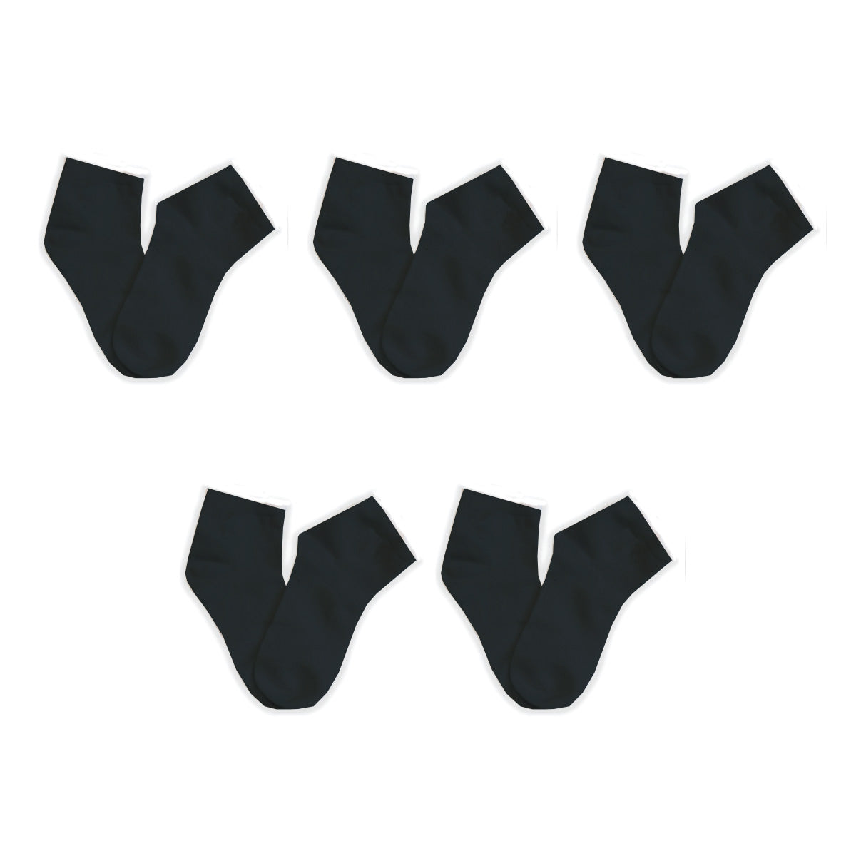 Five pairs of black socks arranged in a pattern on a white background