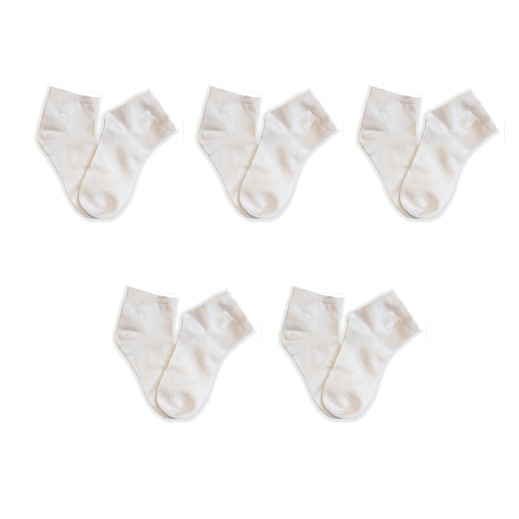 Set of six pairs of white socks arranged in two rows on a white background