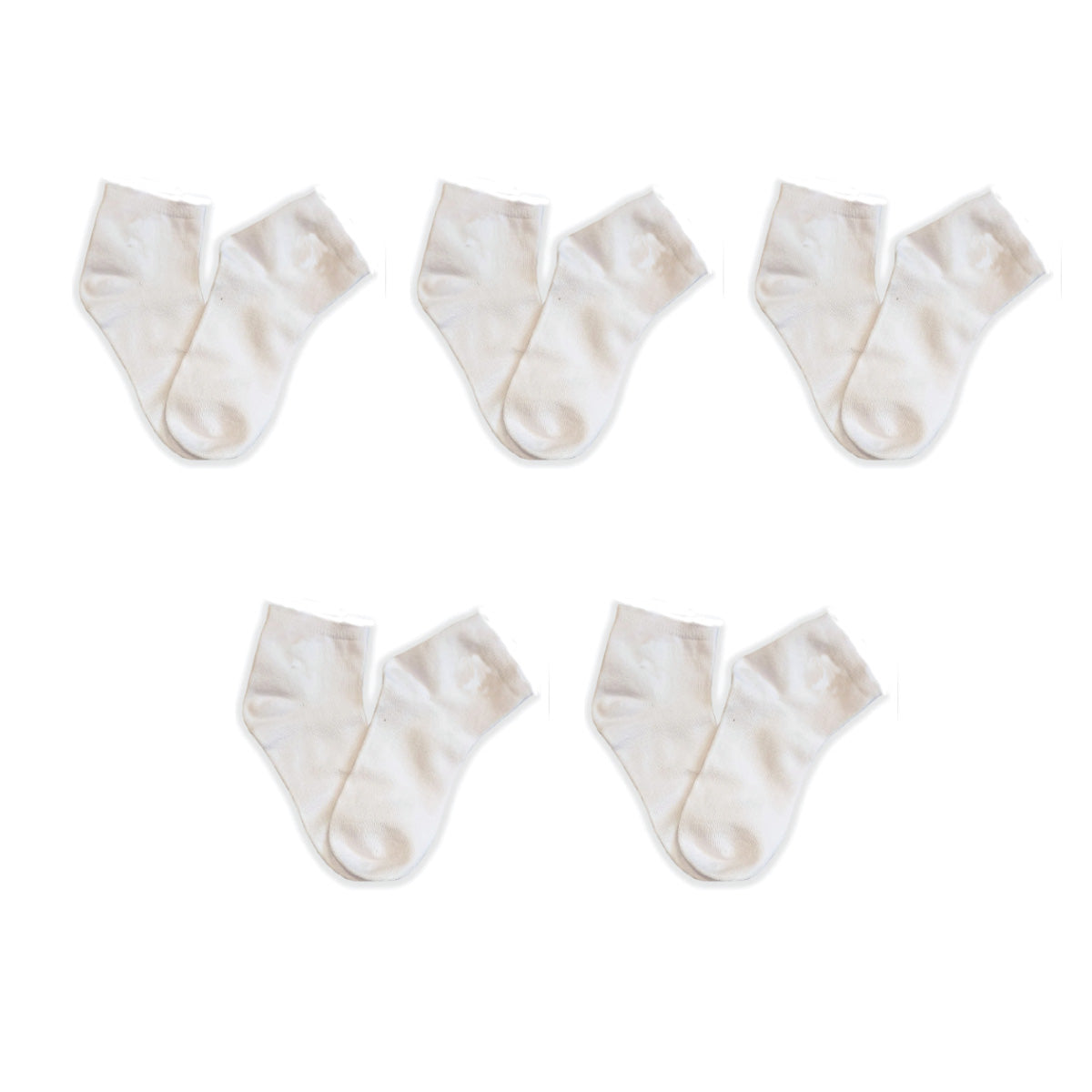 Set of six pairs of white socks arranged in two rows on a white background
