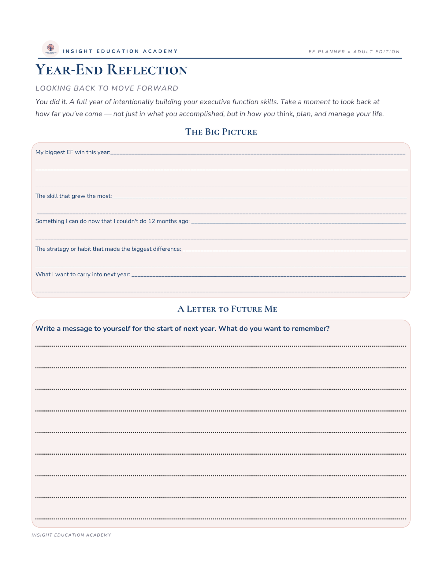 Year-end reflection form for executive function skills with text and lined sections.