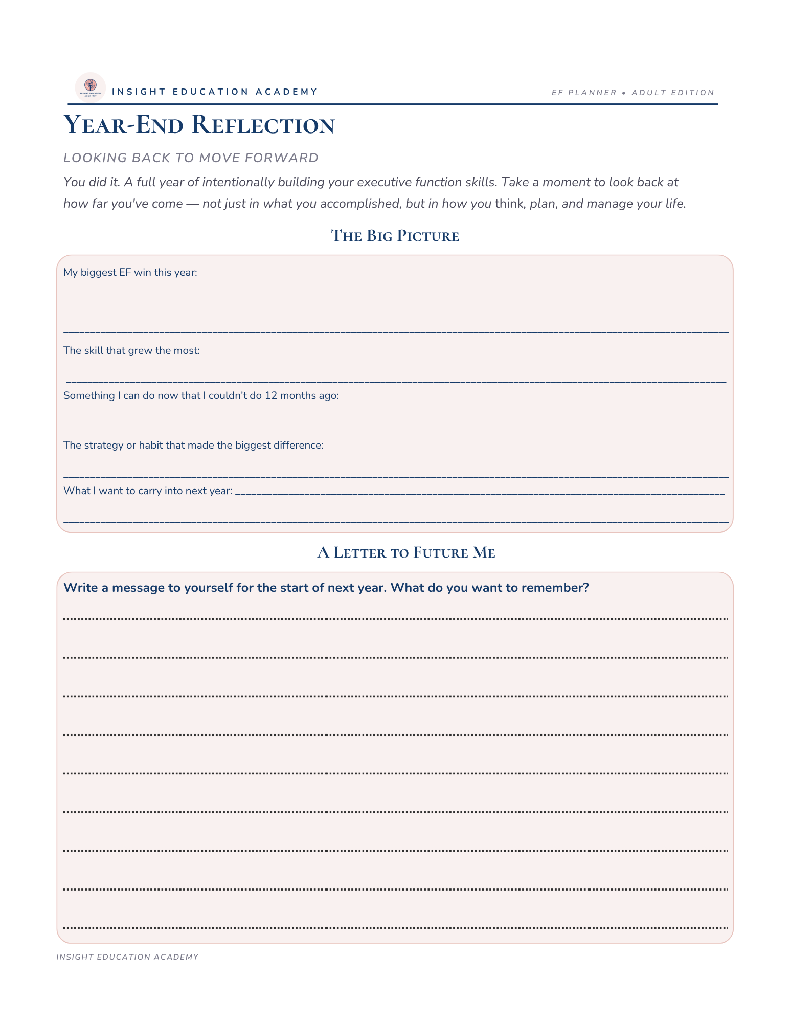 Year-end reflection form for executive function skills with text and lined sections.