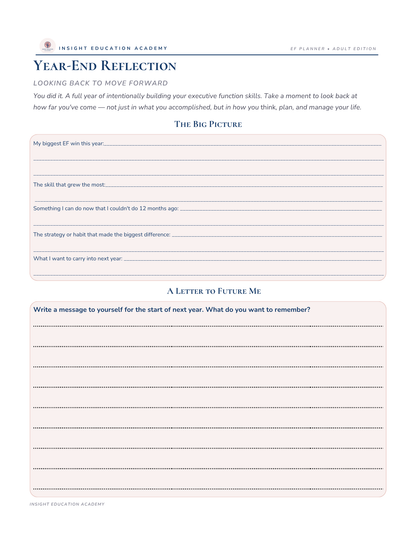 Year-end reflection form for executive function skills with text and lined sections.