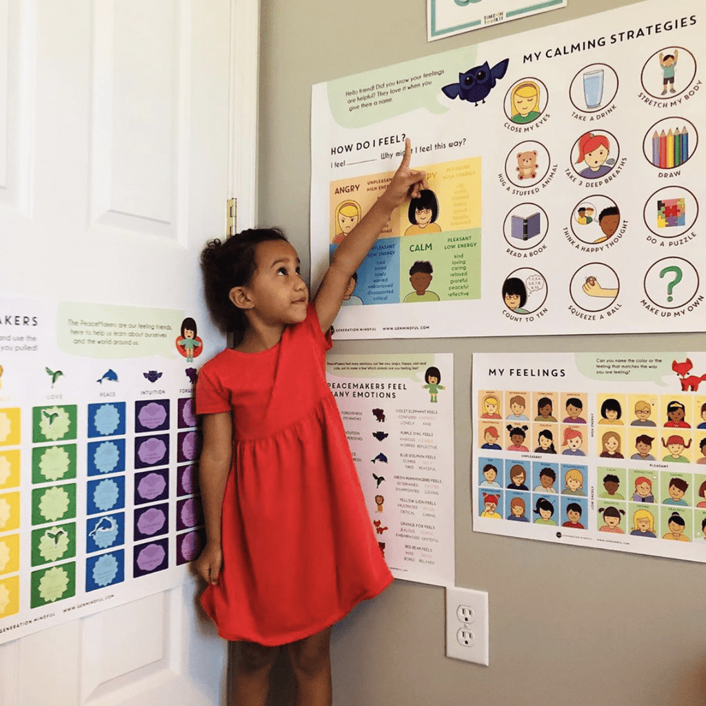 Child in a red dress pointing at educational posters on a wall