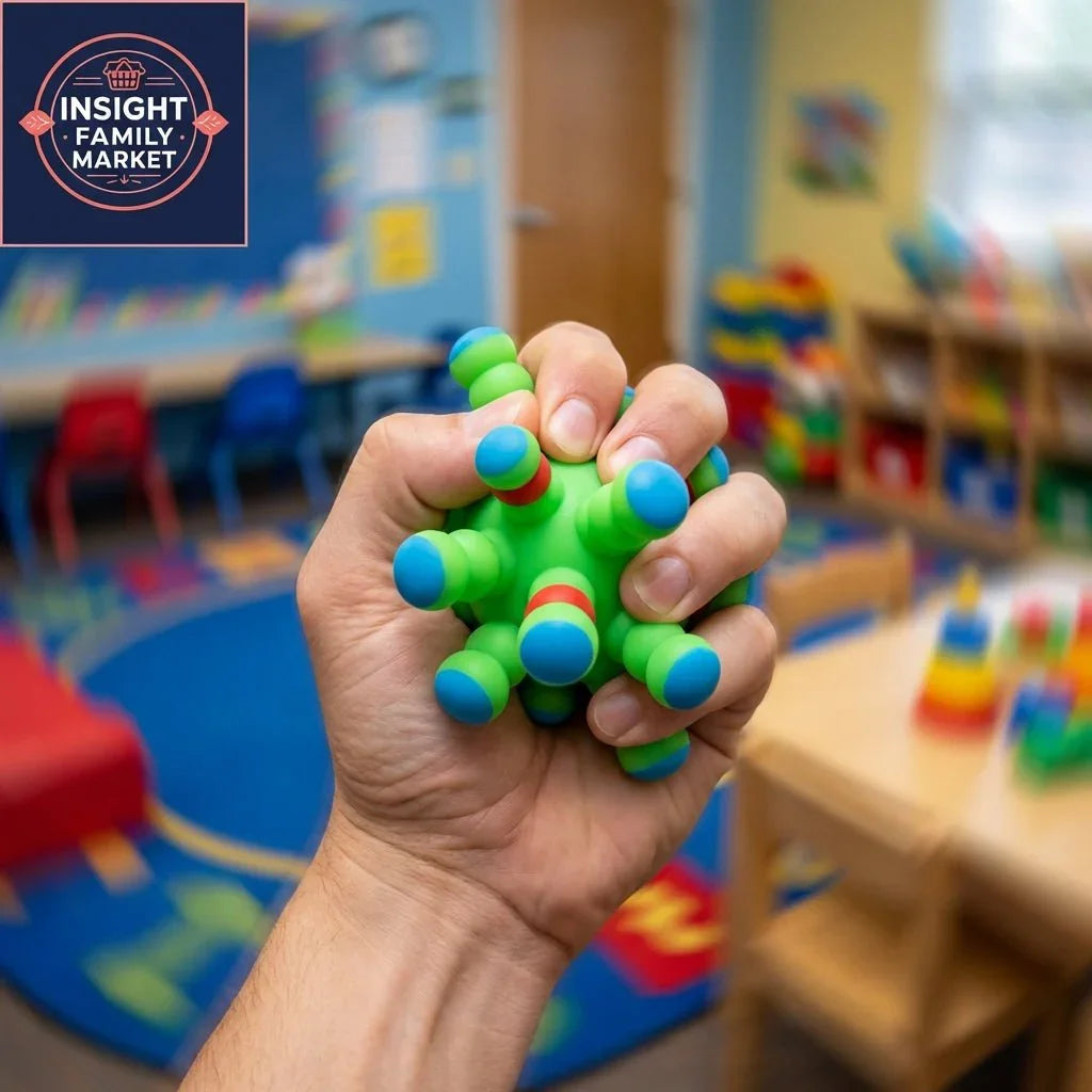 Hand squeezing sensory fidget toy in colorful classroom, sensory tool for kids with ADHD or autism