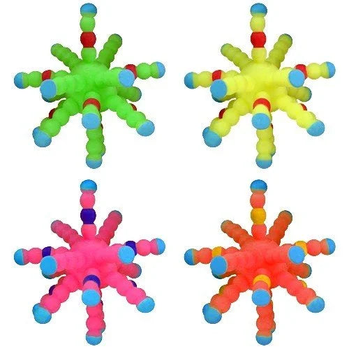 Set of four colorful sensory fidget toys with soft, spiky arms for tactile stimulation