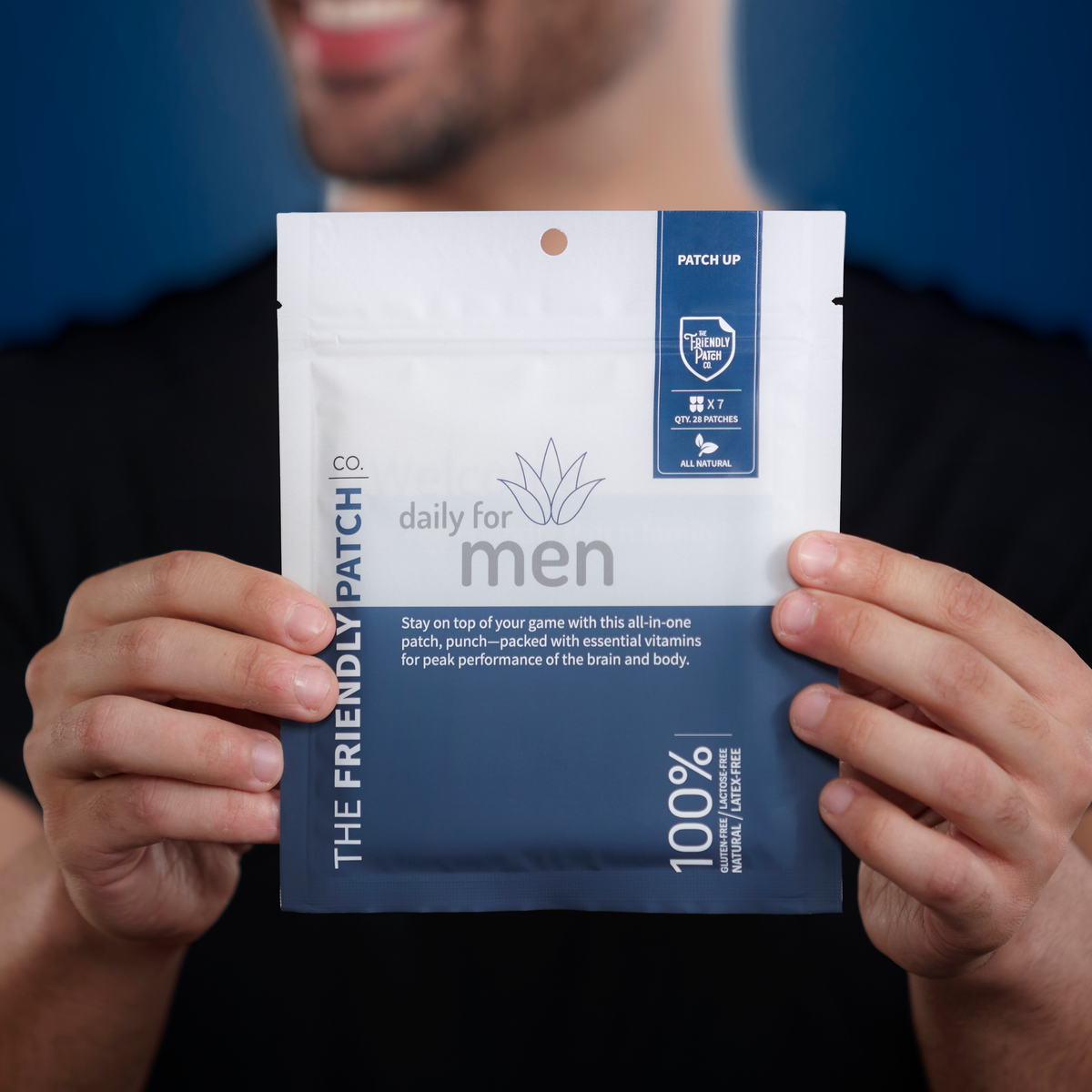 Person holding a package of 'The Friendly Patch' for men against a blue background