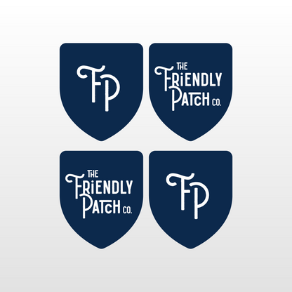 Four blue shield-shaped patches with 'The Friendly Patch co.' text on a light gray background
