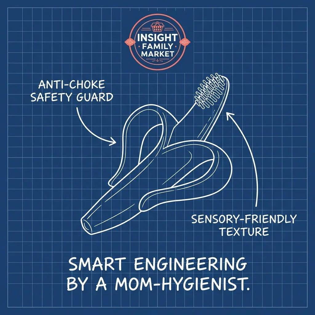 Blueprint illustration of a sensory-friendly banana-shaped toothbrush with anti-choke safety guard.