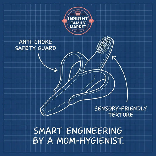 Blueprint illustration of a sensory-friendly banana-shaped toothbrush with anti-choke safety guard.