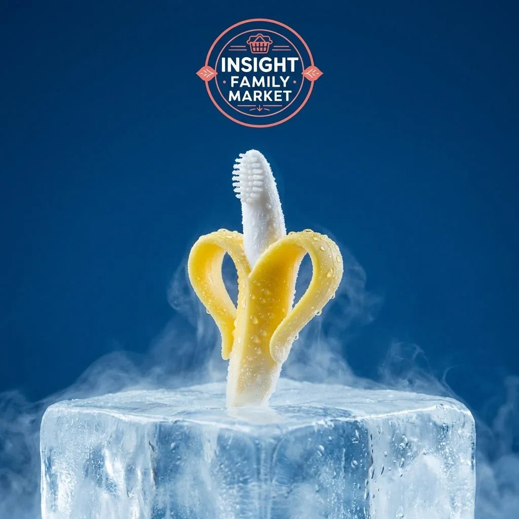 Banana-shaped silicone baby teether on ice block with blue background, sensory-friendly