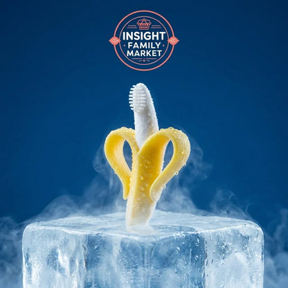 Banana-shaped silicone baby teether on ice block with blue background, sensory-friendly