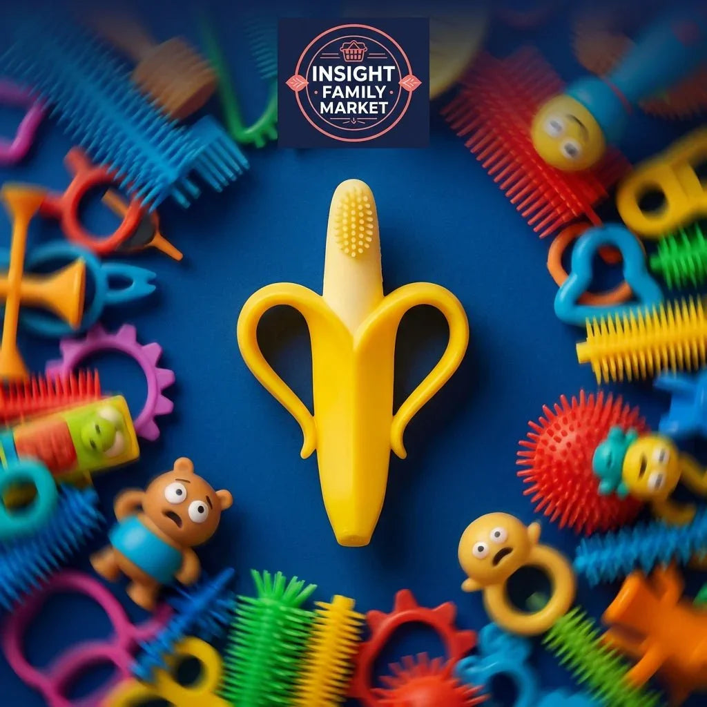 Yellow sensory banana teether surrounded by colorful sensory toys on blue background