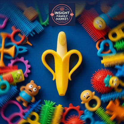 Yellow sensory banana teether surrounded by colorful sensory toys on blue background