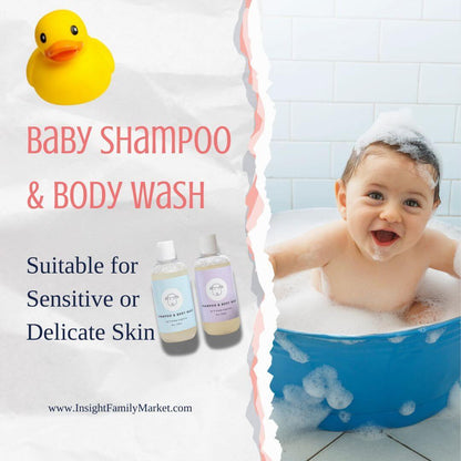 Happy baby in bubble bath with baby shampoo and body wash for sensitive skin, rubber duck