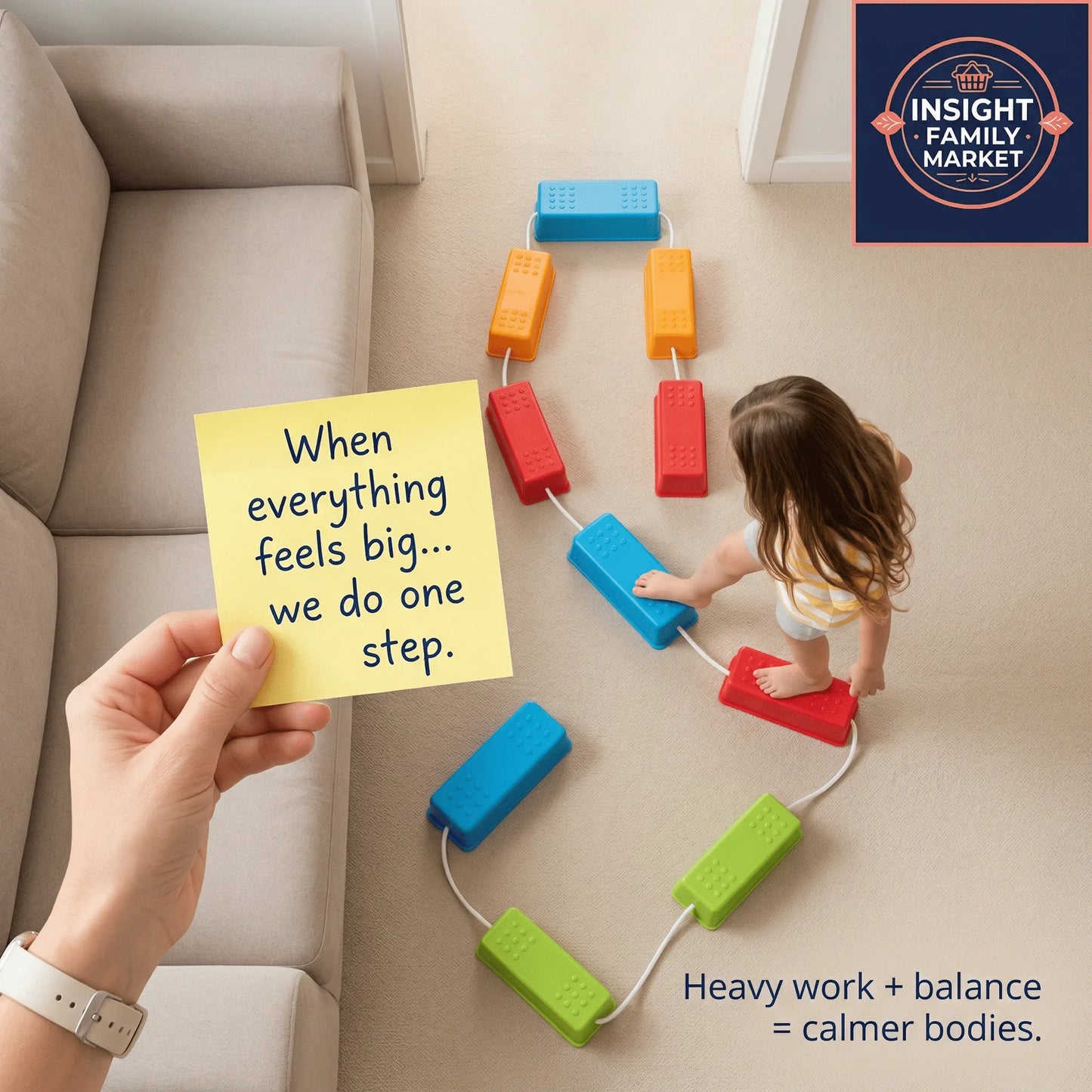 Child practicing balance on colorful sensory stepping stones indoors, promoting calm and focus.