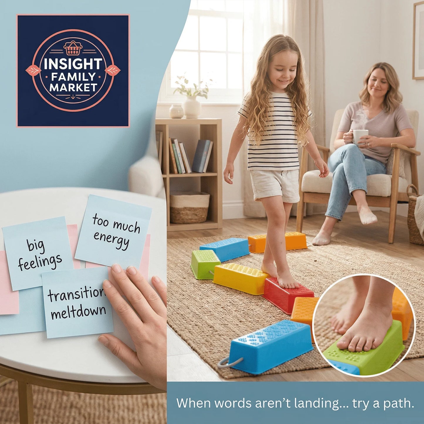 Child walking barefoot on colorful sensory stepping stones for emotional regulation at home