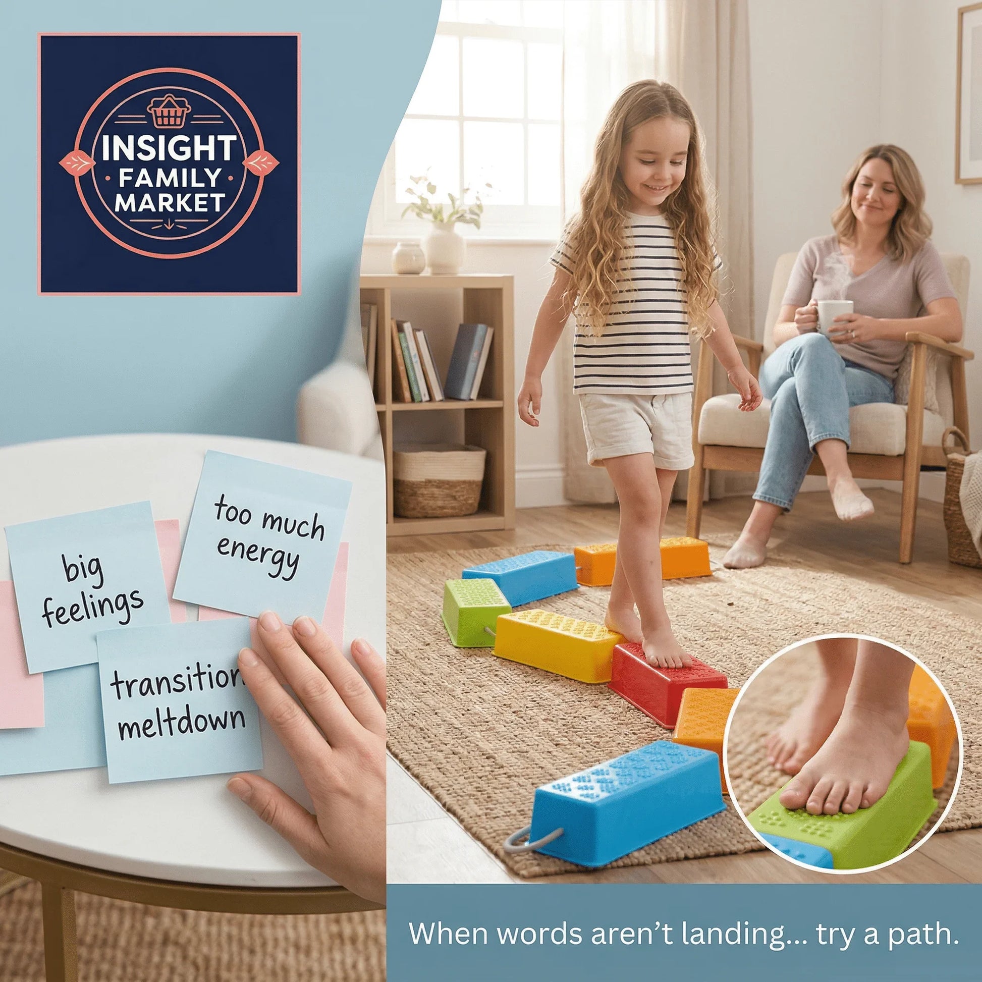 Child walking barefoot on colorful sensory stepping stones for emotional regulation at home