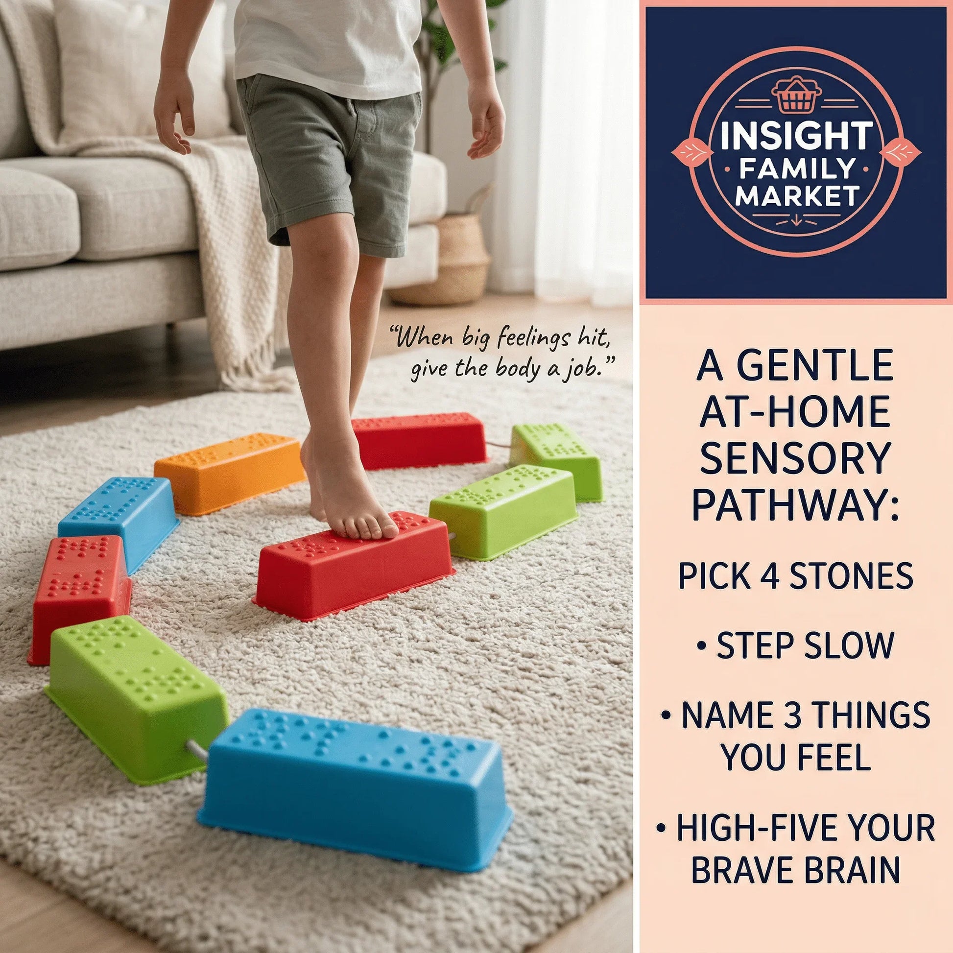 Child walking barefoot on colorful sensory stepping stones indoors, sensory pathway for calming and focus