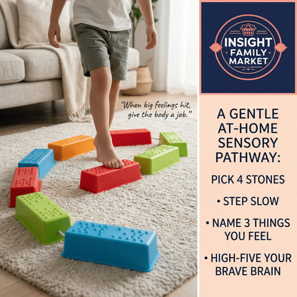 Child walking barefoot on colorful sensory stepping stones indoors, sensory pathway for calming and focus
