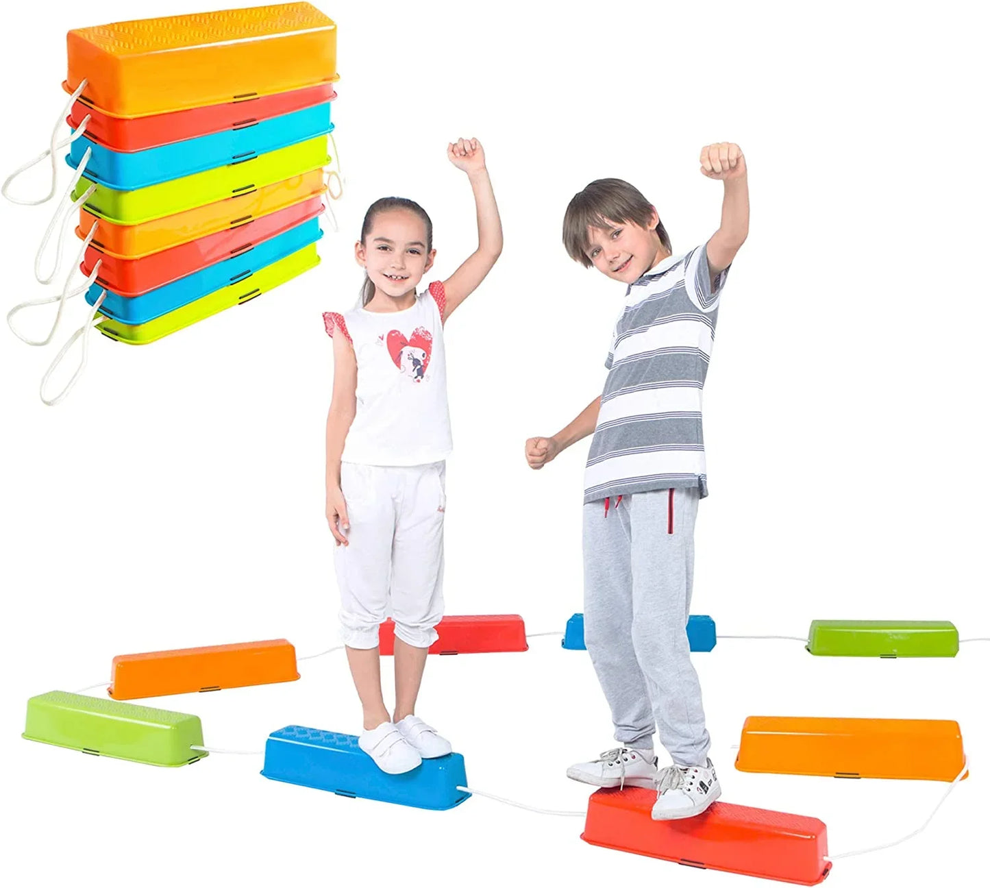 Kids balancing on colorful sensory stepping stones, motor skills and sensory play set