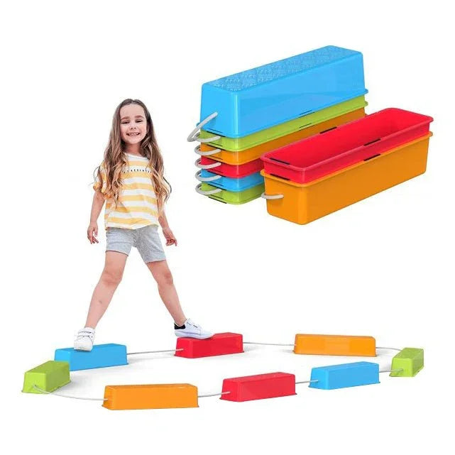 Smiling child balancing on colorful sensory stepping stones for kids' motor skills and play