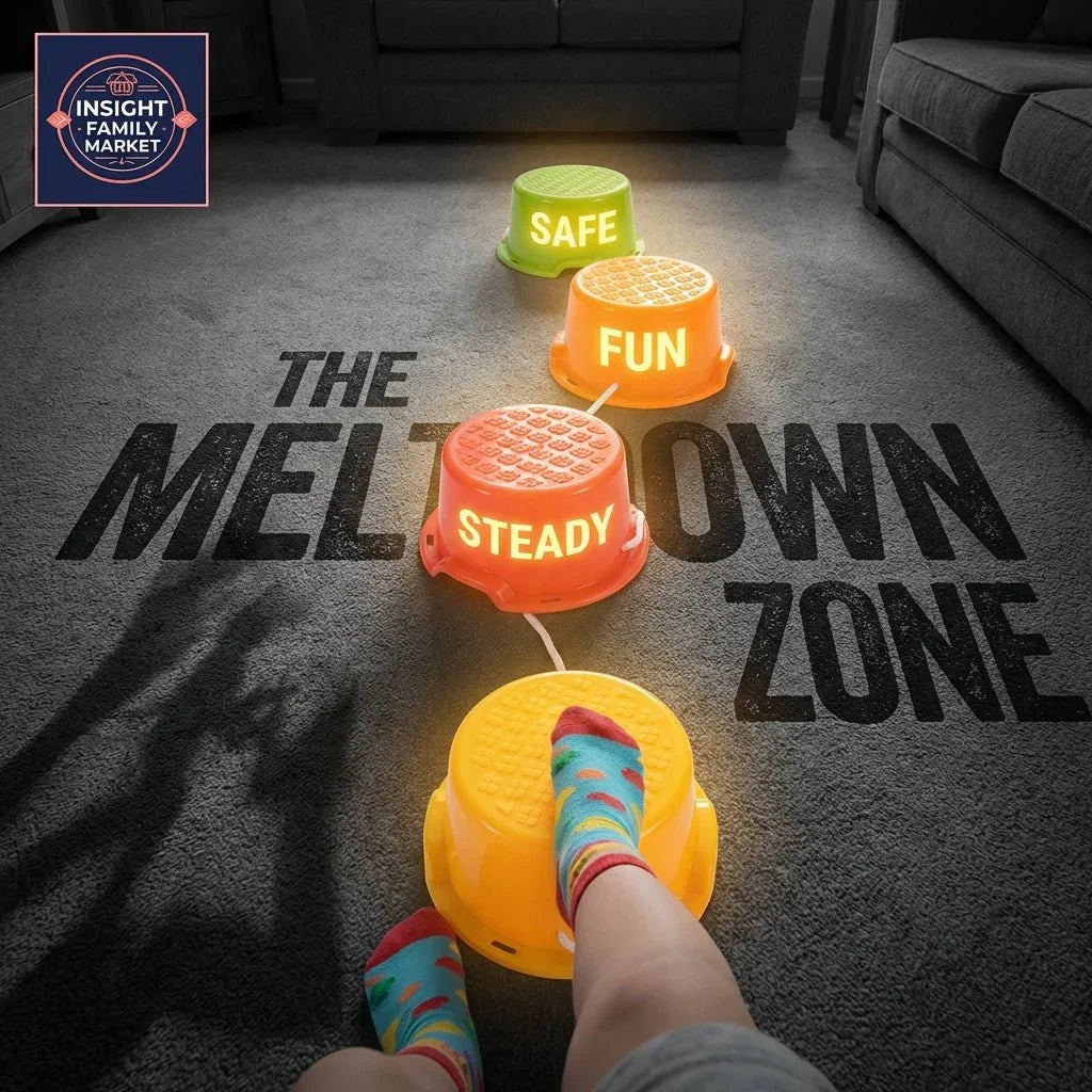 Child balancing on sensory stepping stones labeled safe, fun, steady in living room setting