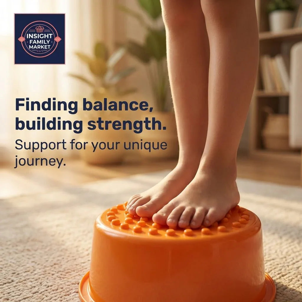 Child standing barefoot on orange sensory balance stool for neurodiverse kids, indoor setting