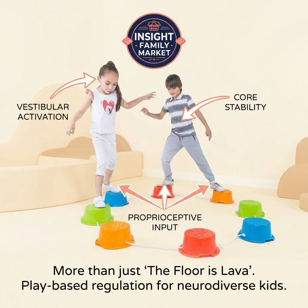 Two children play on colorful balance pods, supporting sensory input, core stability, and regulation.