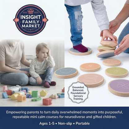 Children playing with colorful wooden discs on a white background, with 'Insight Family Market' branding.