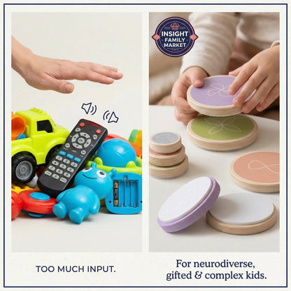 Two images showing toys with text about neurodiverse, gifted, and complex kids.