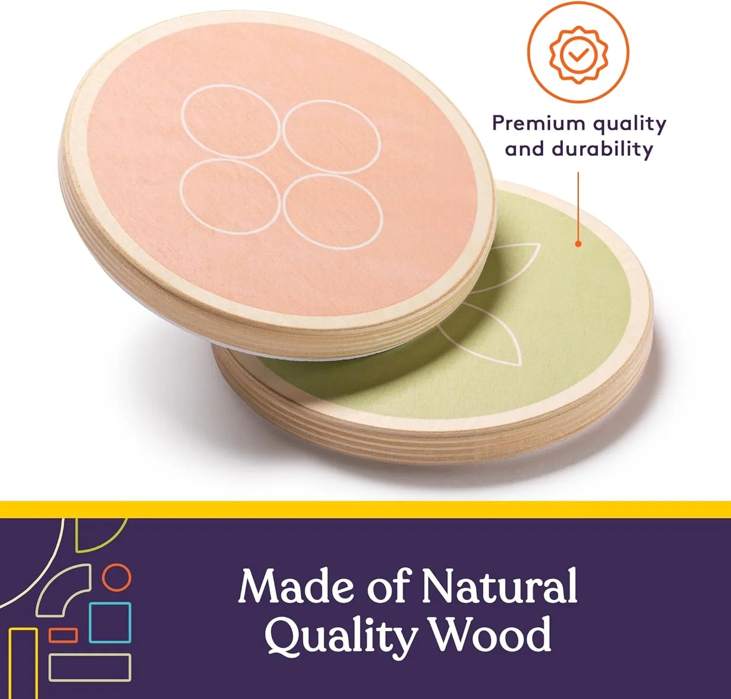 Two round wooden sensory toy discs, one pink and one green, labeled as premium quality and durable.