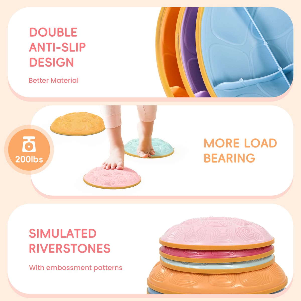 Stack of colorful anti-slip stones with text highlighting features on a beige background