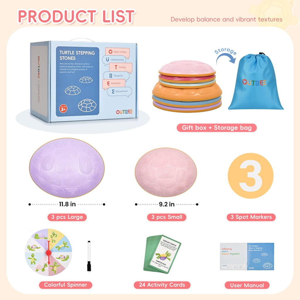 Product list of turtle stepping stones with packaging, stones, storage bag, and accessories on a light pink background.