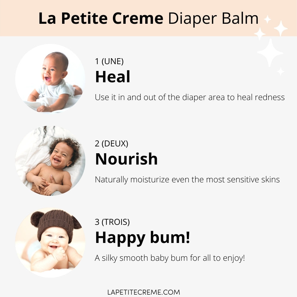 Advertisement for La Petite Creme Diaper Balm with images of babies and product benefits.