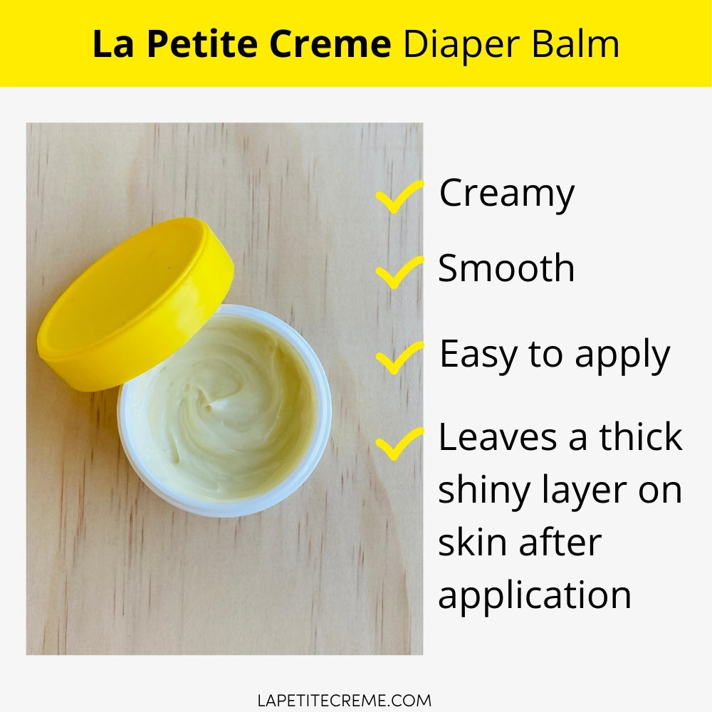 La Petite Creme Diaper Balm with open container on a wooden surface, featuring product features.