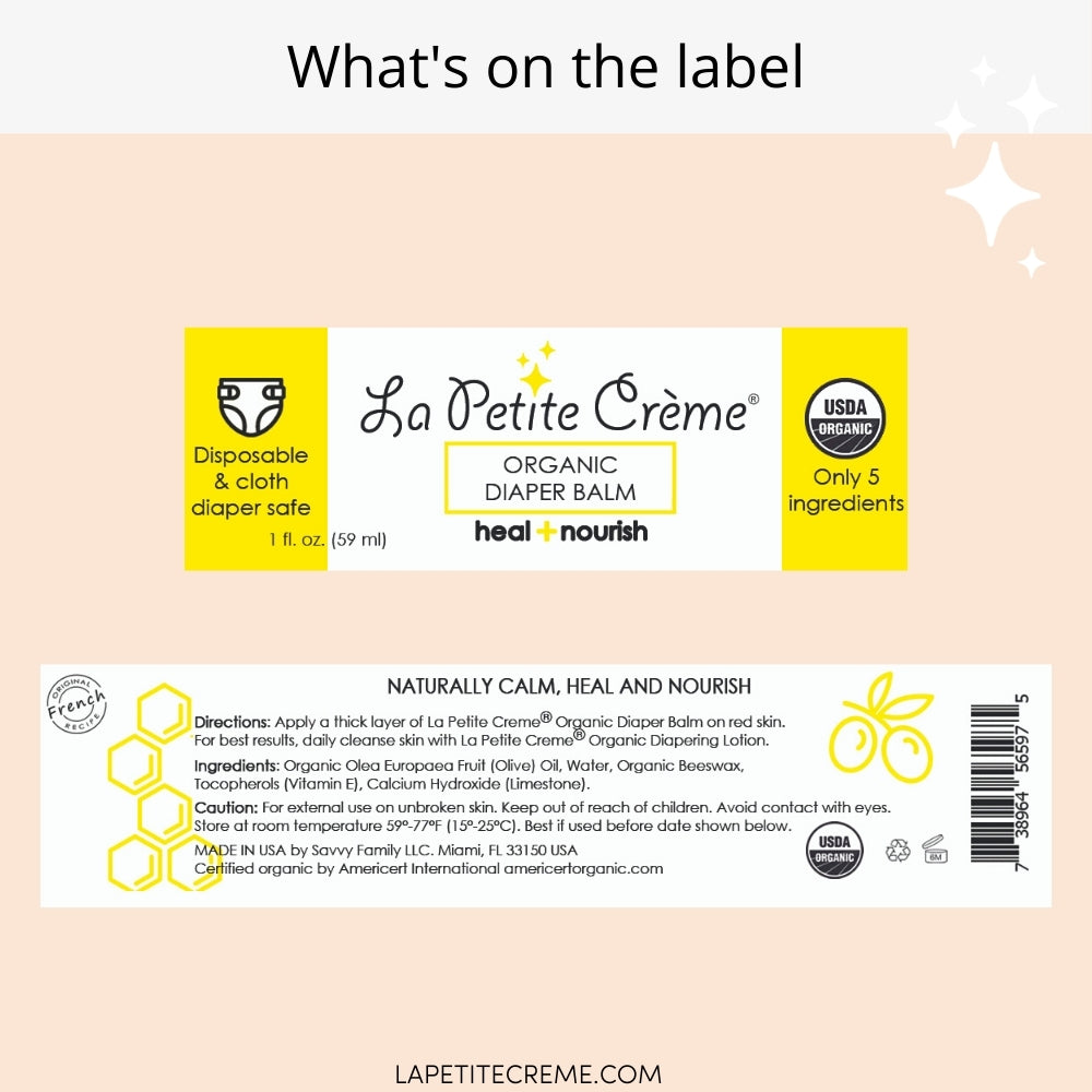 La Petite Crème organic diaper balm label on a beige background
