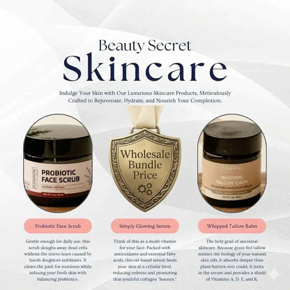 Advertisement for Beauty Secret Skincare with three products and a 'Wholesale Bundle Price' badge.